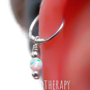 Cartilage hoop earring w white fire opal charm